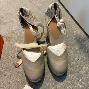 Castaner Beige Espadrille Wedges with Ankle Tie